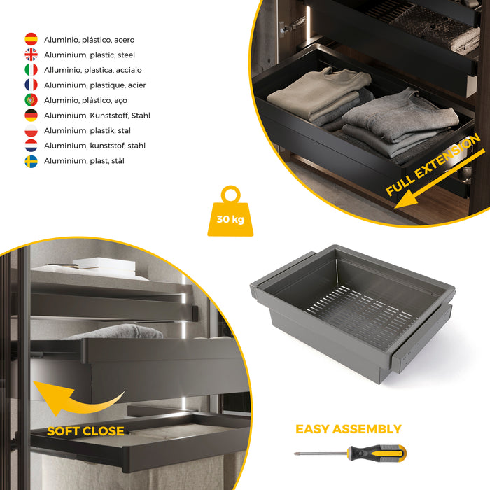 Emuca NEU | Satz aus Metallkasten und ahmen für Schrank Quartz, mit Soft-Close- und Vollauszugsschienen, Modul 70cm, Titanium