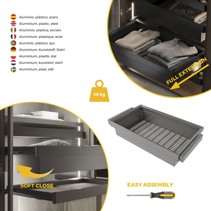 Satz aus Metallkasten und ahmen für Schrank Quartz, mit Soft-Close- und Vollauszugsschienen, Modul 90cm, Titanium