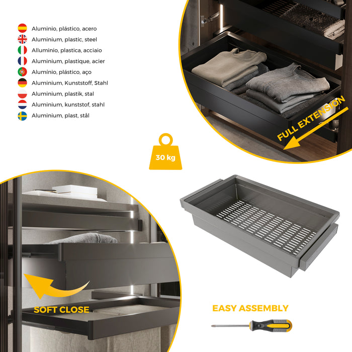 Emuca NEU | Satz aus Metallkasten und ahmen für Schrank Quartz, mit Soft-Close- und Vollauszugsschienen, Modul 90cm, Titanium