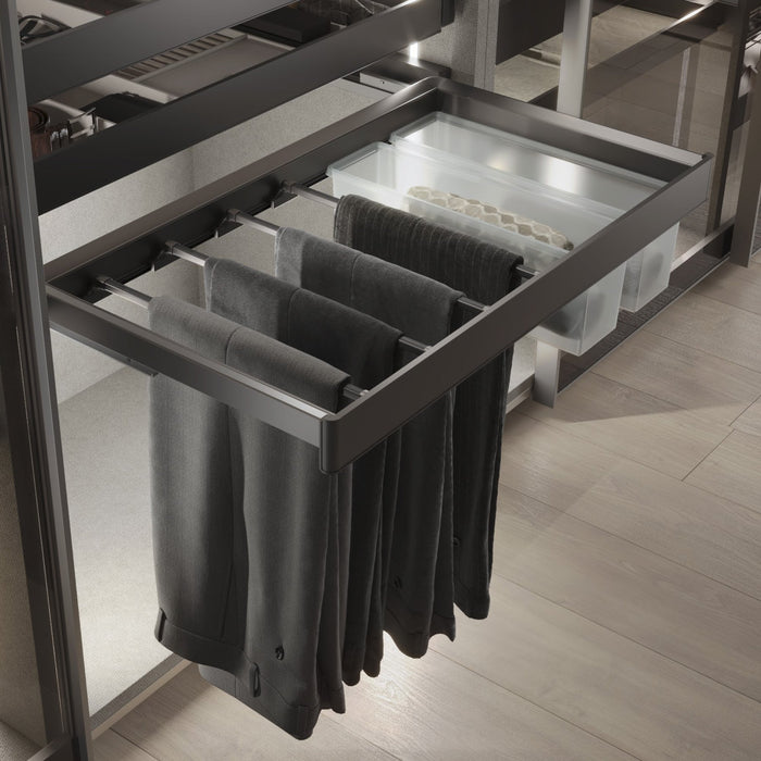 Satz aus 7-Stangen-Hosenhalter und ahmen für Schrank Quartz, mit Soft-Close- und Vollauszugsschienen, Modul 80 cm, Titan-Oberfläche