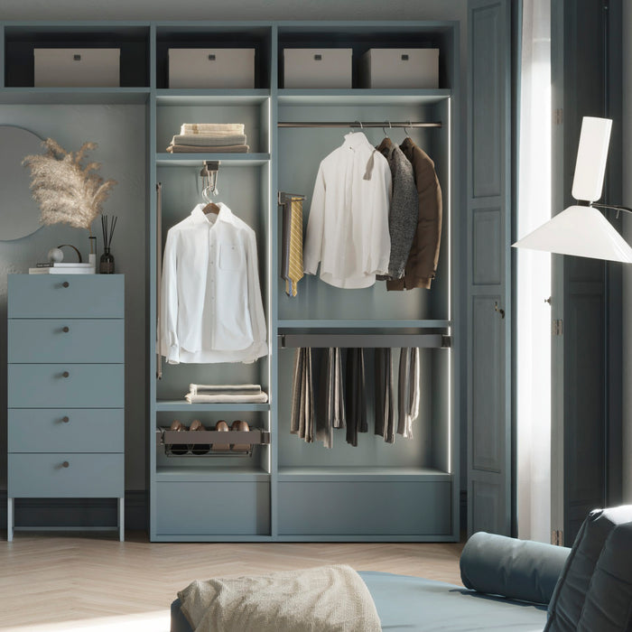 Emuca NEU | Satz aus 7-Stangen-Hosenhalter und ahmen für Schrank Quartz, mit Soft-Close- und Vollauszugsschienen, Modul 70 cm, Titan-Oberfläche