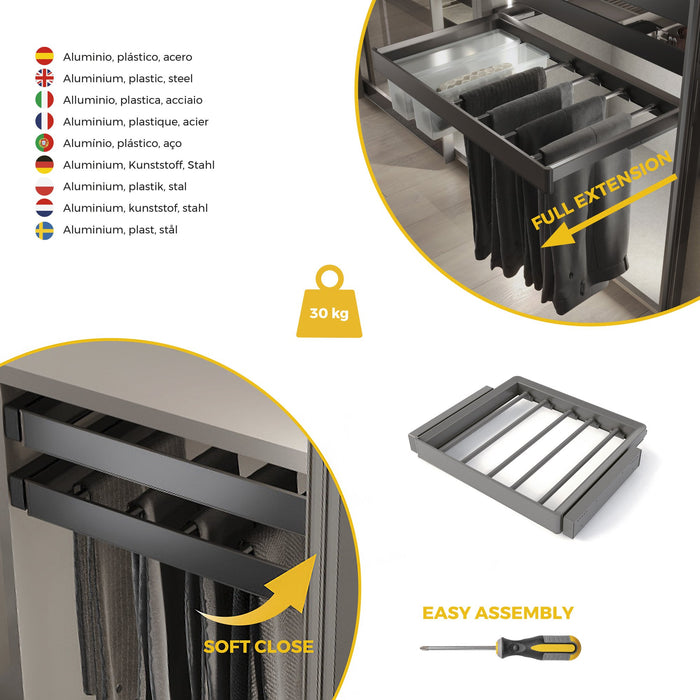 Satz aus 7-Stangen-Hosenhalter und ahmen für Schrank Quartz, mit Soft-Close- und Vollauszugsschienen, Modul 60 cm, Titan-Oberfläche