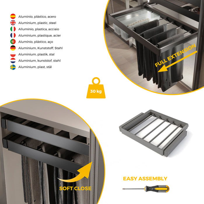 Emuca NEU | Satz aus 7-Stangen-Hosenhalter und ahmen für Schrank Quartz, mit Soft-Close- und Vollauszugsschienen, Modul 60 cm, Titan-Oberfläche