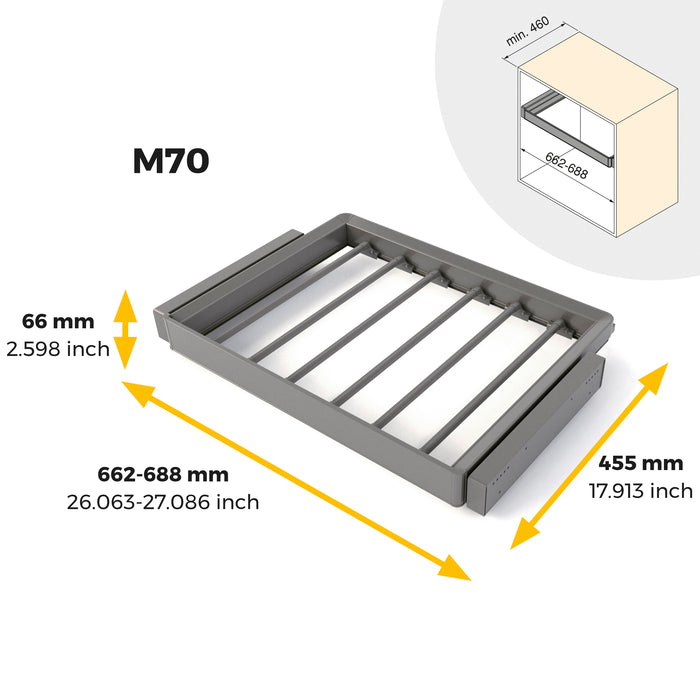 Emuca NEU | Satz aus 7-Stangen-Hosenhalter und ahmen für Schrank Quartz, mit Soft-Close- und Vollauszugsschienen, Modul 70 cm, Titan-Oberfläche