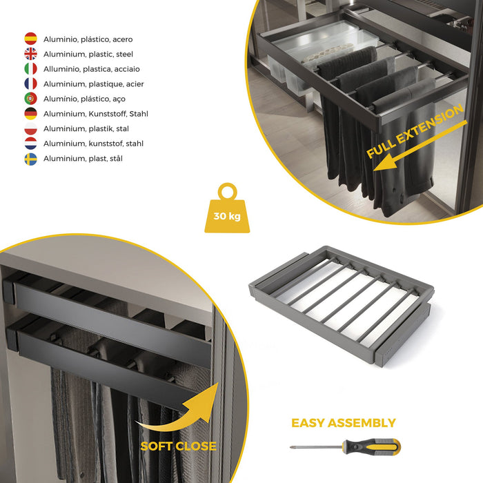 Satz aus 7-Stangen-Hosenhalter und ahmen für Schrank Quartz, mit Soft-Close- und Vollauszugsschienen, Modul 70 cm, Titan-Oberfläche