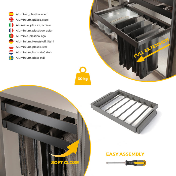 Emuca NEU | Satz aus 7-Stangen-Hosenhalter und ahmen für Schrank Quartz, mit Soft-Close- und Vollauszugsschienen, Modul 70 cm, Titan-Oberfläche