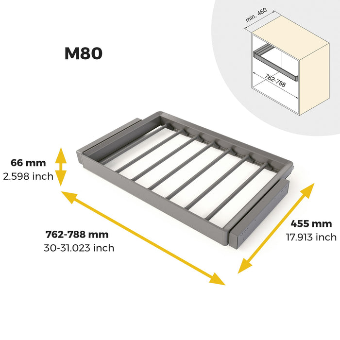 Satz aus 7-Stangen-Hosenhalter und ahmen für Schrank Quartz, mit Soft-Close- und Vollauszugsschienen, Modul 80 cm, Titan-Oberfläche