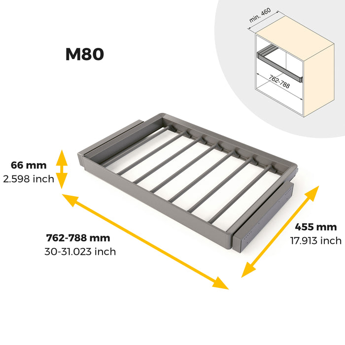 Emuca NEU | Satz aus 7-Stangen-Hosenhalter und ahmen für Schrank Quartz, mit Soft-Close- und Vollauszugsschienen, Modul 80 cm, Titan-Oberfläche