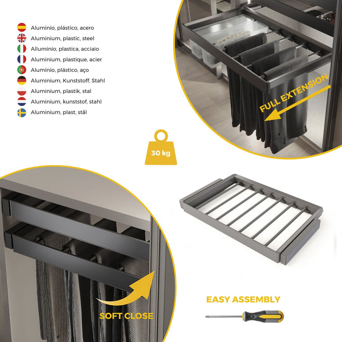 Satz aus 7-Stangen-Hosenhalter und ahmen für Schrank Quartz, mit Soft-Close- und Vollauszugsschienen, Modul 80 cm, Titan-Oberfläche