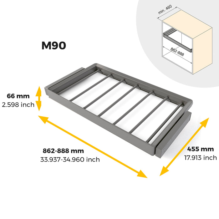 Emuca NEU | Satz aus 7-Stangen-Hosenhalter und ahmen für Schrank Quartz, mit Soft-Close- und Vollauszugsschienen, Modul 90 cm, Titan-Oberfläche
