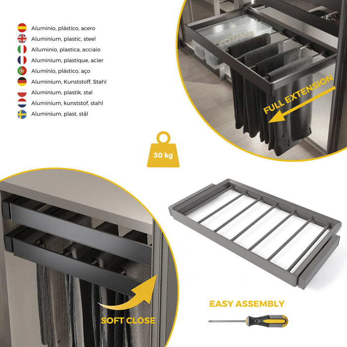 Satz aus 7-Stangen-Hosenhalter und ahmen für Schrank Quartz, mit Soft-Close- und Vollauszugsschienen, Modul 90 cm, Titan-Oberfläche