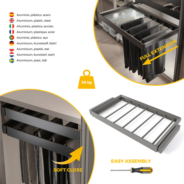 Emuca NEU | Satz aus 7-Stangen-Hosenhalter und ahmen für Schrank Quartz, mit Soft-Close- und Vollauszugsschienen, Modul 90 cm, Titan-Oberfläche