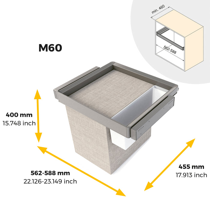 Emuca NEU | Satz aus Hilfstablett, Wäschekorb und ahmen für Schrank Quartz, mit Soft-Close- und Vollauszugsschienen, Modul 60 cm, Titan-Oberfläche