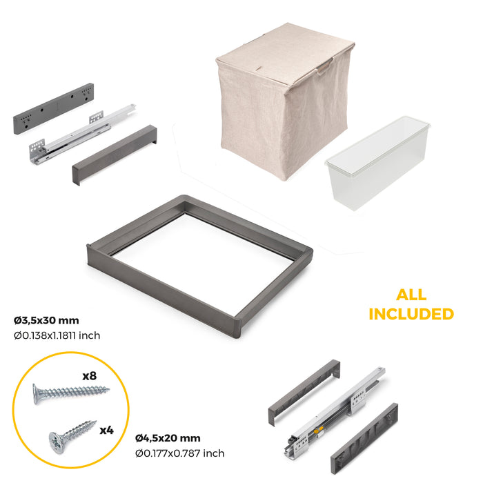 Emuca NEU | Satz aus Hilfstablett, Wäschekorb und ahmen für Schrank Quartz, mit Soft-Close- und Vollauszugsschienen, Modul 60 cm, Titan-Oberfläche