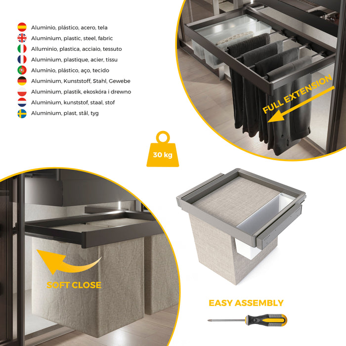 Emuca NEU | Satz aus Hilfstablett, Wäschekorb und ahmen für Schrank Quartz, mit Soft-Close- und Vollauszugsschienen, Modul 60 cm, Titan-Oberfläche