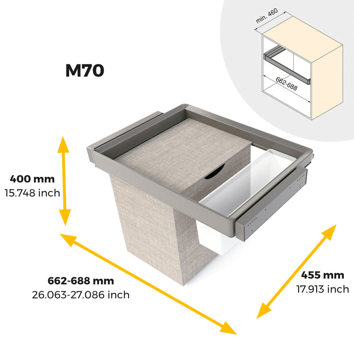 Emuca NEU | Satz aus Hilfstablett, Wäschekorb und ahmen für Schrank Quartz, mit Soft-Close- und Vollauszugsschienen, Modul 70 cm, Titan-Oberfläche