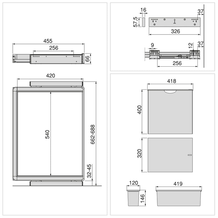 Emuca NEU | Satz aus Hilfstablett, Wäschekorb und ahmen für Schrank Quartz, mit Soft-Close- und Vollauszugsschienen, Modul 70 cm, Titan-Oberfläche