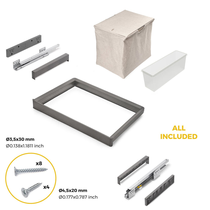 Satz aus Hilfstablett, Wäschekorb und ahmen für Schrank Quartz, mit Soft-Close- und Vollauszugsschienen, Modul 70 cm, Titan-Oberfläche