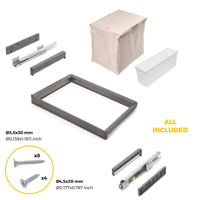 Emuca NEU | Satz aus Hilfstablett, Wäschekorb und ahmen für Schrank Quartz, mit Soft-Close- und Vollauszugsschienen, Modul 70 cm, Titan-Oberfläche