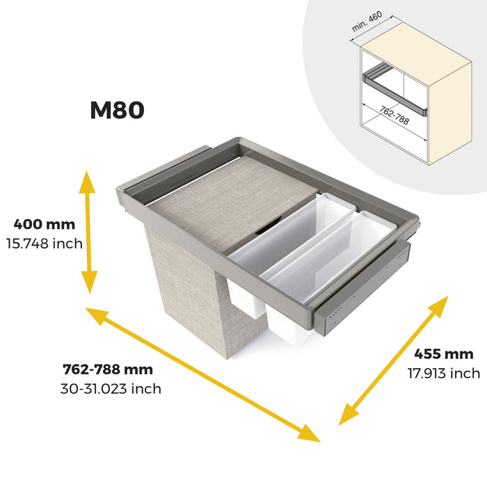 Satz aus 2 Hilfstablett, 1 Wäschekorb und ahmen für Schrank Quartz, mit Soft-Close- und Vollauszugsschienen, Modul 60 cm, Titan-Oberfläche