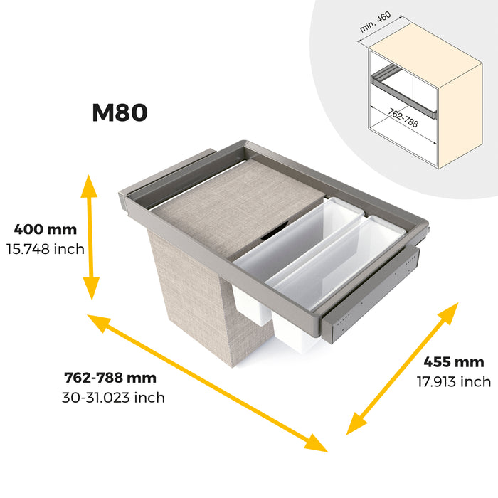 Emuca NEU | Satz aus 2 Hilfstablett, 1 Wäschekorb und ahmen für Schrank Quartz, mit Soft-Close- und Vollauszugsschienen, Modul 60 cm, Titan-Oberfläche