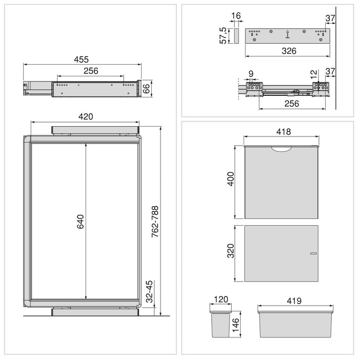 Satz aus 2 Hilfstablett, 1 Wäschekorb und ahmen für Schrank Quartz, mit Soft-Close- und Vollauszugsschienen, Modul 60 cm, Titan-Oberfläche