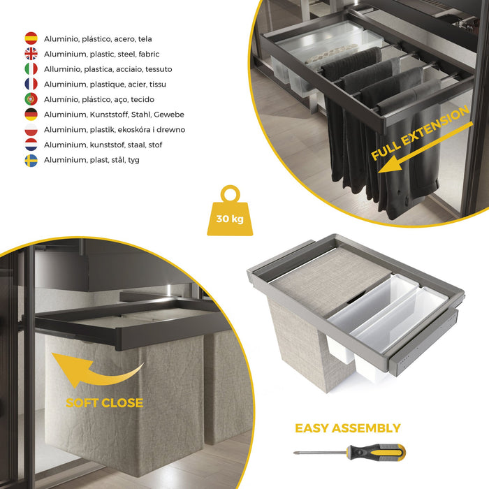 Satz aus 2 Hilfstablett, 1 Wäschekorb und ahmen für Schrank Quartz, mit Soft-Close- und Vollauszugsschienen, Modul 60 cm, Titan-Oberfläche