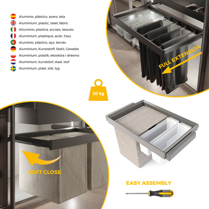 Emuca NEU | Satz aus 2 Hilfstablett, 1 Wäschekorb und ahmen für Schrank Quartz, mit Soft-Close- und Vollauszugsschienen, Modul 60 cm, Titan-Oberfläche