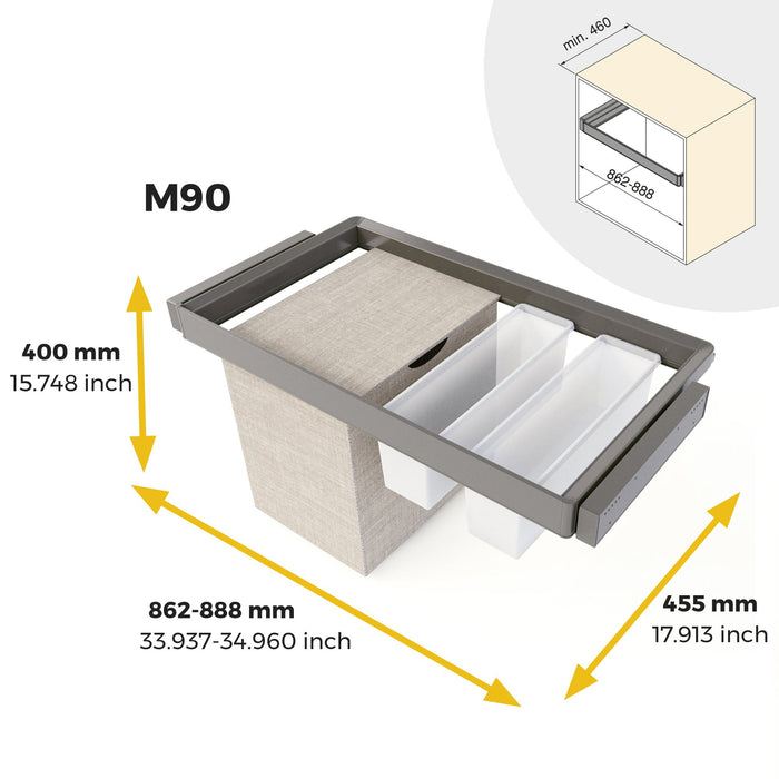 Satz aus 2 Hilfstablett, 1 Wäschekorb und ahmen für Schrank Quartz, mit Soft-Close- und Vollauszugsschienen, Modul 90 cm, Titan-Oberfläche