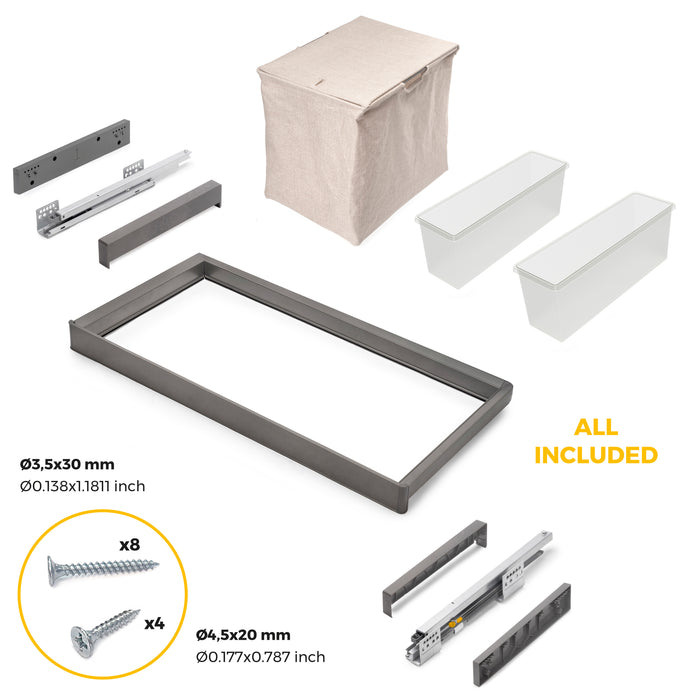 Emuca NEU | Satz aus 2 Hilfstablett, 1 Wäschekorb und ahmen für Schrank Quartz, mit Soft-Close- und Vollauszugsschienen, Modul 90 cm, Titan-Oberfläche