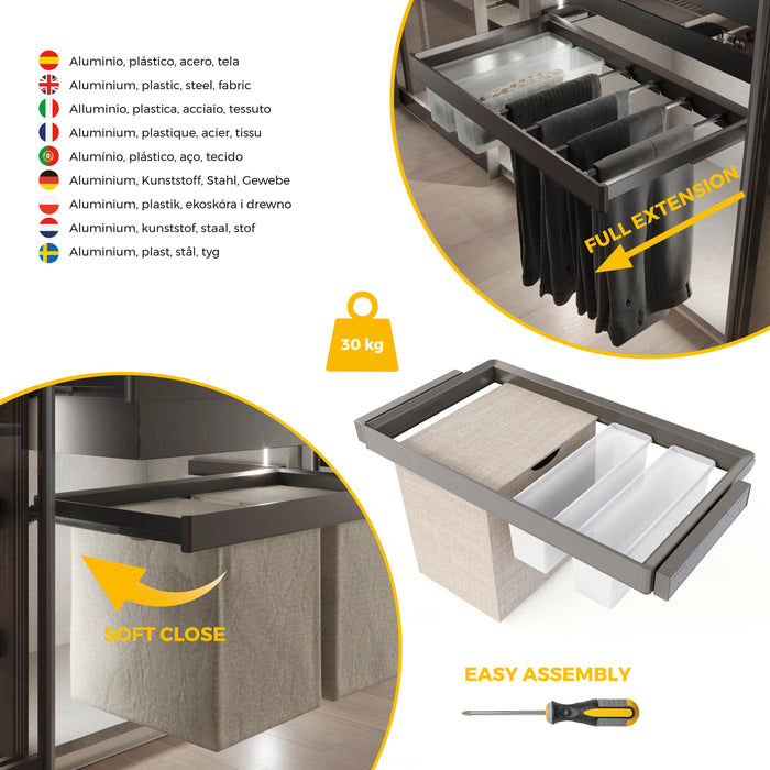 Emuca NEU | Satz aus 2 Hilfstablett, 1 Wäschekorb und ahmen für Schrank Quartz, mit Soft-Close- und Vollauszugsschienen, Modul 90 cm, Titan-Oberfläche