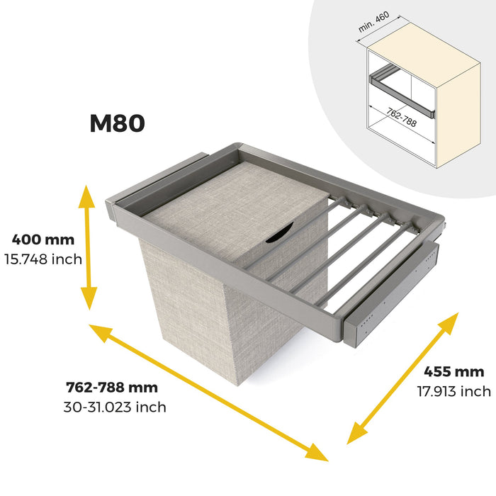 Satz aus 7-Stangen-Hosenhalter, Wäschekorb und ahmen für Schrank Quartz, mit Soft-Close- und Vollauszugsschienen, Modul 80 cm, Titan-Oberfläche