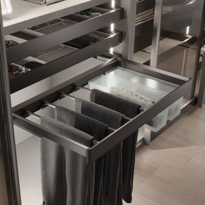 Emuca NEU | Satz aus 7-Stangen-Hosenhalter, Wäschekorb und ahmen für Schrank Quartz, mit Soft-Close- und Vollauszugsschienen, Modul 80 cm, Titan-Oberfläche