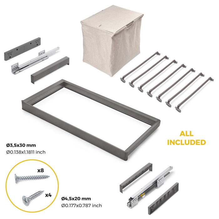 Satz aus 7-Stangen-Hosenhalter, Wäschekorb und ahmen für Schrank Quartz, mit Soft-Close- und Vollauszugsschienen, Modul 80 cm, Titan-Oberfläche