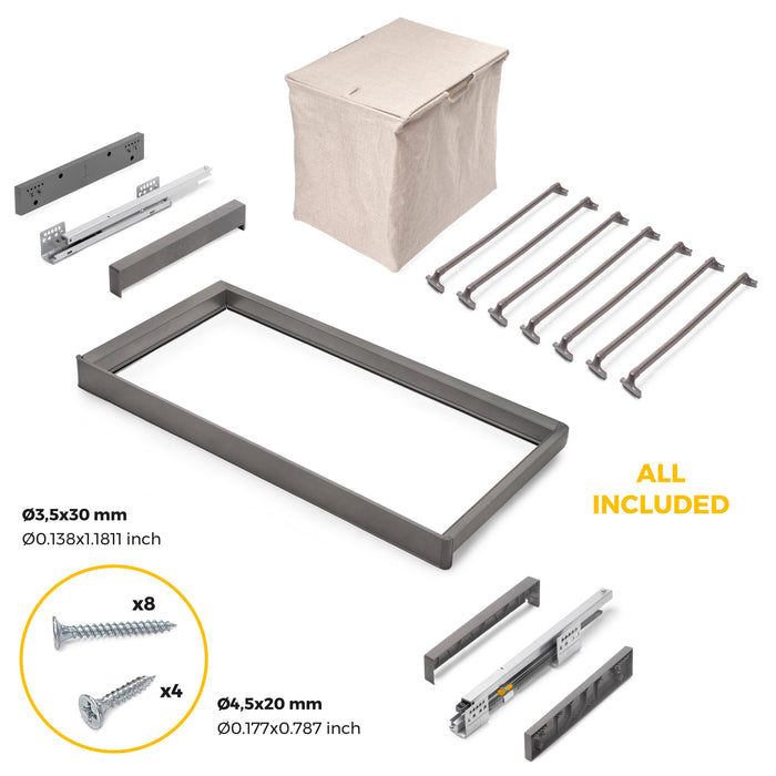 Emuca NEU | Satz aus 7-Stangen-Hosenhalter, Wäschekorb und ahmen für Schrank Quartz, mit Soft-Close- und Vollauszugsschienen, Modul 80 cm, Titan-Oberfläche