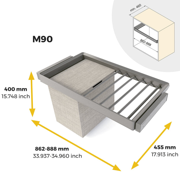Satz aus 7-Stangen-Hosenhalter, Wäschekorb und ahmen für Schrank Quartz, mit Soft-Close- und Vollauszugsschienen, Modul 90 cm, Titan-Oberfläche