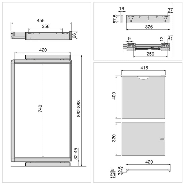 Satz aus 7-Stangen-Hosenhalter, Wäschekorb und ahmen für Schrank Quartz, mit Soft-Close- und Vollauszugsschienen, Modul 90 cm, Titan-Oberfläche