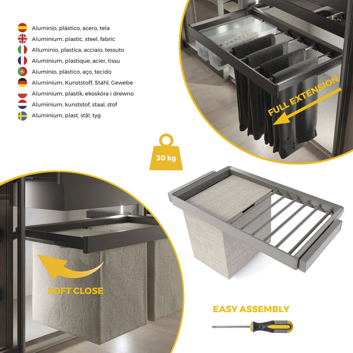 Satz aus 7-Stangen-Hosenhalter, Wäschekorb und ahmen für Schrank Quartz, mit Soft-Close- und Vollauszugsschienen, Modul 90 cm, Titan-Oberfläche