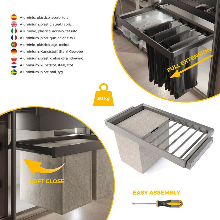 Emuca NEU | Satz aus 7-Stangen-Hosenhalter, Wäschekorb und ahmen für Schrank Quartz, mit Soft-Close- und Vollauszugsschienen, Modul 90 cm, Titan-Oberfläche