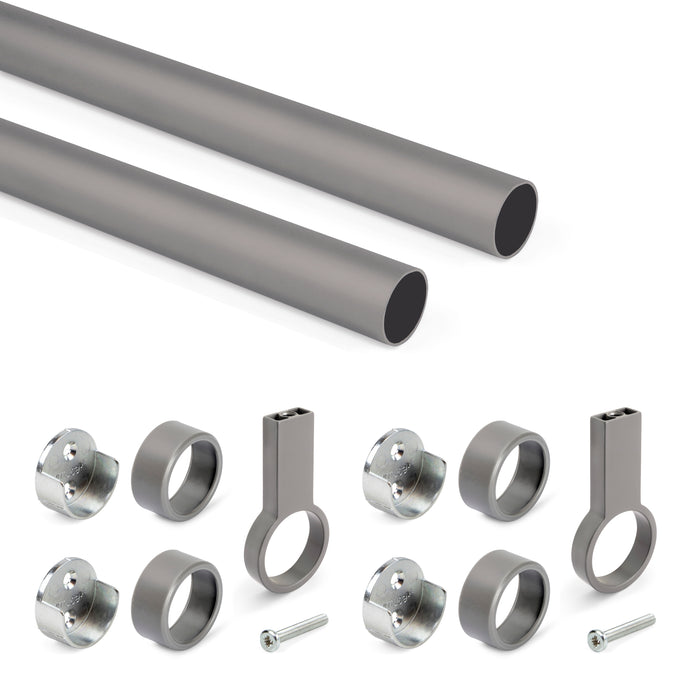 Emuca NEU | Satz von 2 runde Korpusschienen D.28mm Länge 1,15m mit Halterungen, Aluminium und Zamak, Titanium