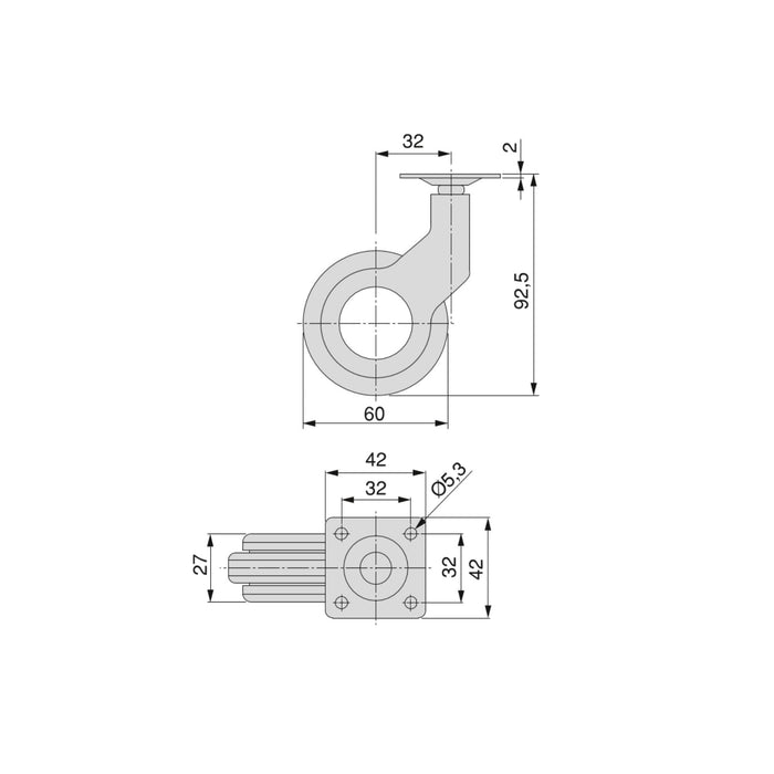 Emuca | Lot von 4 Rollen Hole 2 Montageplatte, Durchmesser 60mm, Stahl Kunststoff, Schwarz lackiert