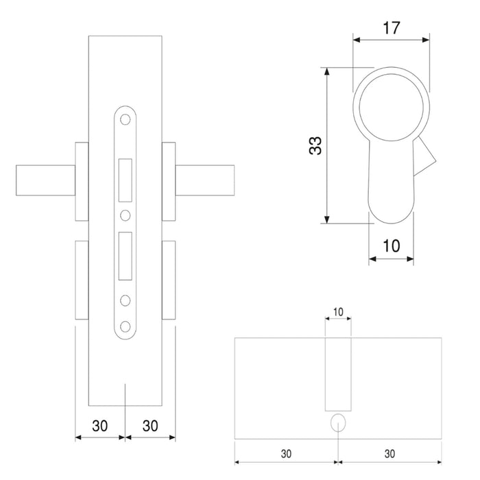 Satz von 5 Zylindern, 30x30mm, einfache Kupplung, langer Nocken, Schlüsseln, Aluminium, Nickel satiniert, 5 Zylinder, 30x30mm, einfache Kupplung, langer Nocken, Schlüsseln, Aluminium, Nickel satiniert