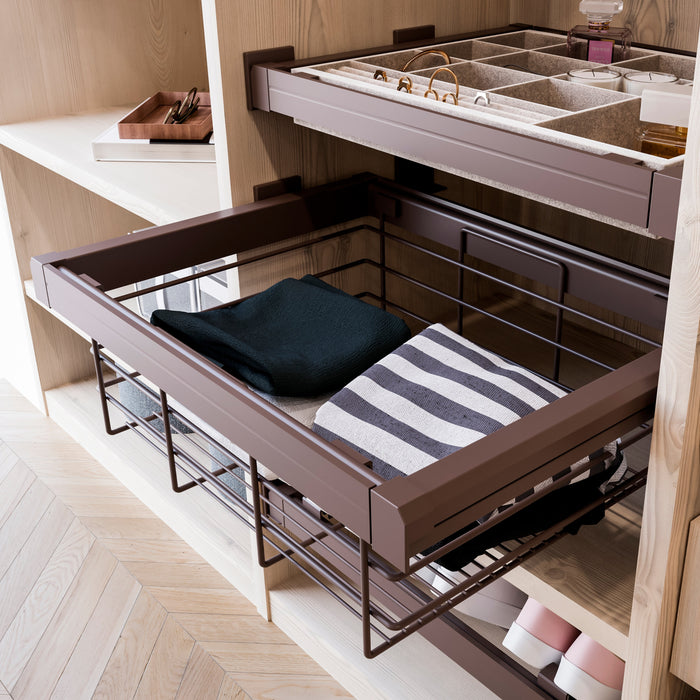 Set aus Drahtkorb Schieberahmen Mokkaschränke, sanftes Schliessen, verstellbar, 900mm Modul, Stahl Aluminium, Farbe moka