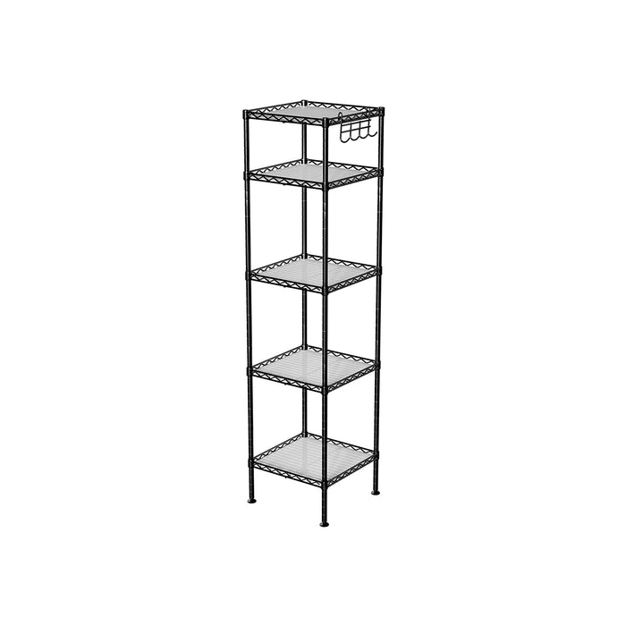 AUSLAUF SONGMICS | Bathroom Shelf, Metal Storage Rack, Total Load Capacity 100 kg, with 5 PP Sheets, Removable Hooks, 30 x 30 x 123.5 cm, Expandable Design, for Small Space, Black und Translucent LGR23BK