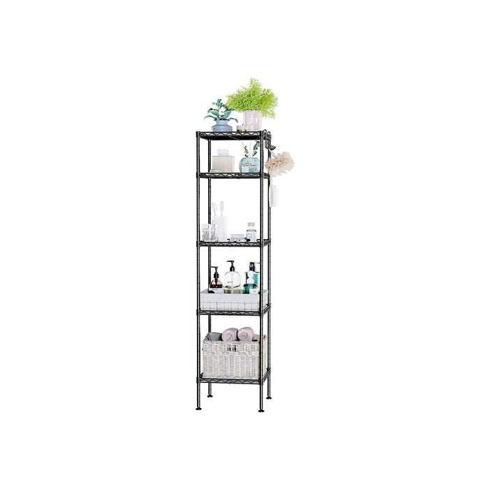 AUSLAUF SONGMICS | Bathroom Shelf, Metal Storage Rack, Total Load Capacity 100 kg, with 5 PP Sheets, Removable Hooks, 30 x 30 x 123.5 cm, Expandable Design, for Small Space, Black und Translucent LGR23BK