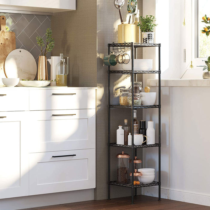 AUSLAUF SONGMICS | Bathroom Shelf, Metal Storage Rack, Total Load Capacity 100 kg, with 5 PP Sheets, Removable Hooks, 30 x 30 x 123.5 cm, Expandable Design, for Small Space, Black und Translucent LGR23BK