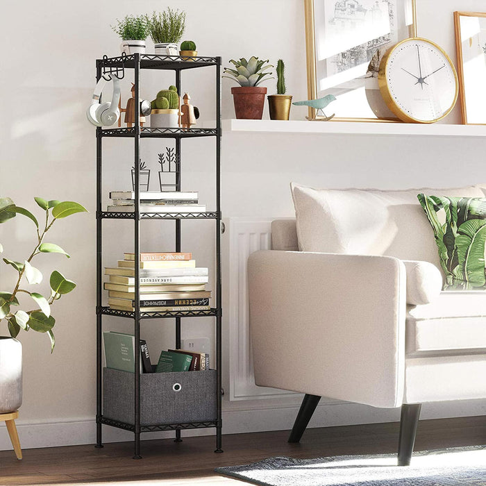 AUSLAUF SONGMICS | Bathroom Shelf, Metal Storage Rack, Total Load Capacity 100 kg, with 5 PP Sheets, Removable Hooks, 30 x 30 x 123.5 cm, Expandable Design, for Small Space, Black und Translucent LGR23BK