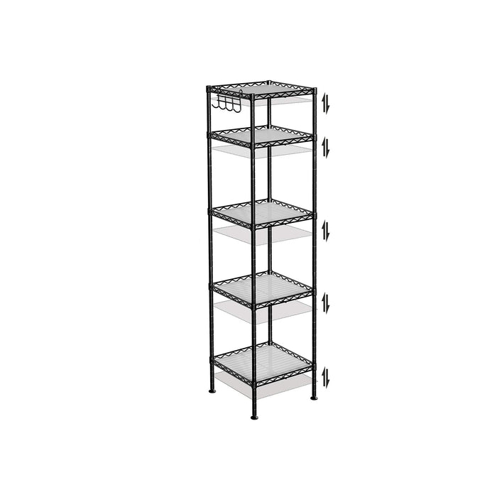 AUSLAUF SONGMICS | Bathroom Shelf, Metal Storage Rack, Total Load Capacity 100 kg, with 5 PP Sheets, Removable Hooks, 30 x 30 x 123.5 cm, Expandable Design, for Small Space, Black und Translucent LGR23BK