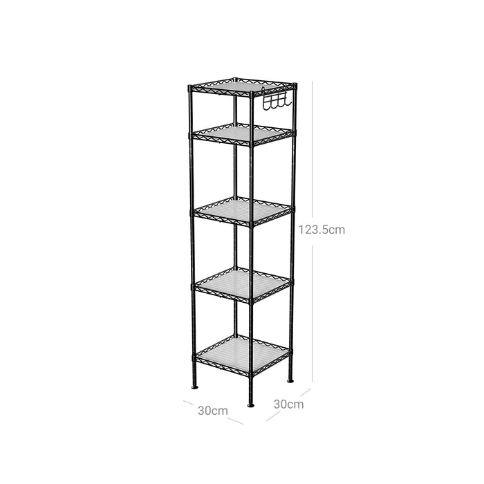 AUSLAUF SONGMICS | Bathroom Shelf, Metal Storage Rack, Total Load Capacity 100 kg, with 5 PP Sheets, Removable Hooks, 30 x 30 x 123.5 cm, Expandable Design, for Small Space, Black und Translucent LGR23BK