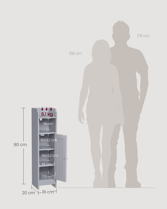 AUSLAUF VASAGLE | Slim Bathroom Floor Storage Cabinet with Door und Shelves, Freestanding Bathroom Storage Unit, Narrow Bathroom Toilet Paper Storage Cabinet, Adjustable Shelves, Dove grau BBC310P36